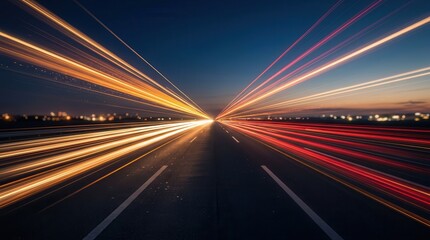 Obraz premium Long exposure of highway light trails at night creating a sense of speed and motion.