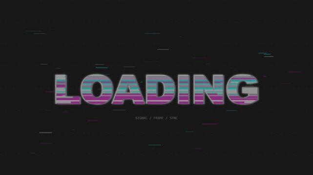 Glitch effect 'LOADING' text animation with retro digital distortion and static noise on a dark background, data transfer, buffering, error screen