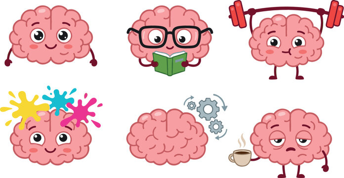 Cute cartoon brain character set showing different activities like reading exercising thinking creativity and drinking coffee for mental health and education design concepts