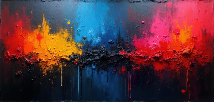 Textured abstract oil painting with vivid colors like yellow orange red blue pink and black. Dripping paint effect adds dramatic energy dynamic movement and emotional intensity.