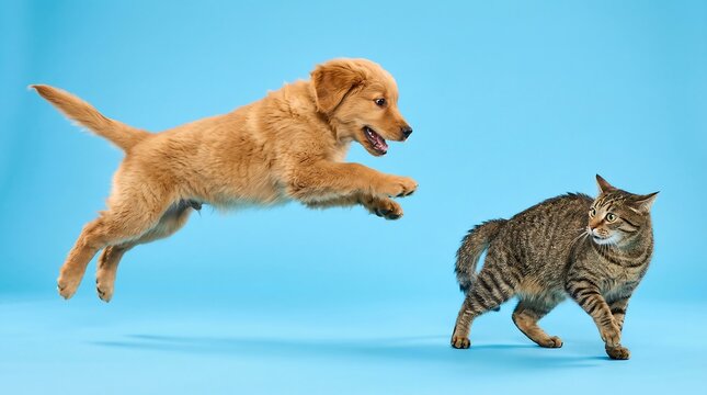 Playful golden retriever puppy pouncing midair towards a startled tabby cat on bright blue studio background