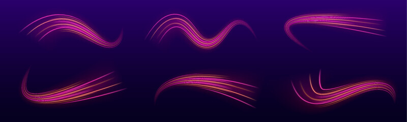 Multicolor neon brush ribbons with radiant glow and dynamic abstract curves. Futuristic visual element. vector © Strongstock03