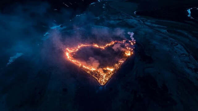 Aerial view of a fiery heart shape burning brightly at night. An aerial perspective captures a large heart shape ablaze with intense orange flames and smoke. An aerial perspective