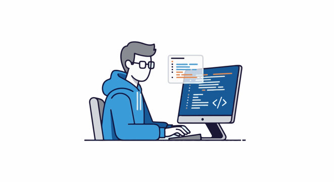 A person with glasses in a blue hoodie codes on a computer