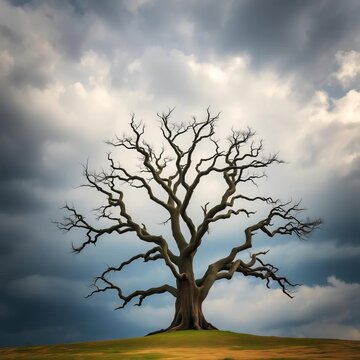 A lone, gnarled oak tree stands defiantly against a stormy sky,  stormy,  gnarled