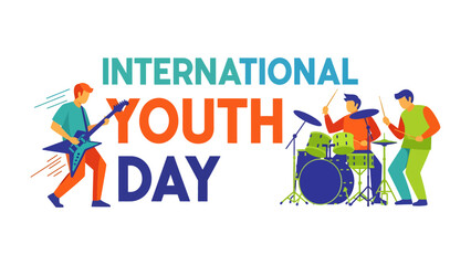 Fototapeta premium International Youth Day Celebration: A vibrant graphic illustrates the spirit of International Youth Day with young people energetically playing musical instruments.