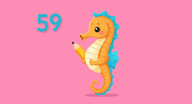 Cute Cartoon Seahorse Holding a Pencil with Number 59