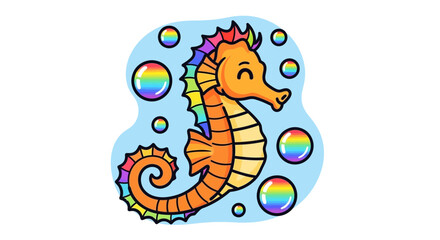 Cute Cartoon Seahorse with Rainbow Bubbles Vector Illustration © Laris