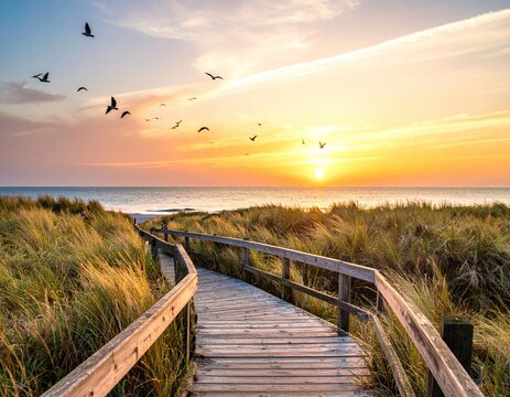 Wooden walkway through tall grass leads to a beach as birds fly toward a setting sun