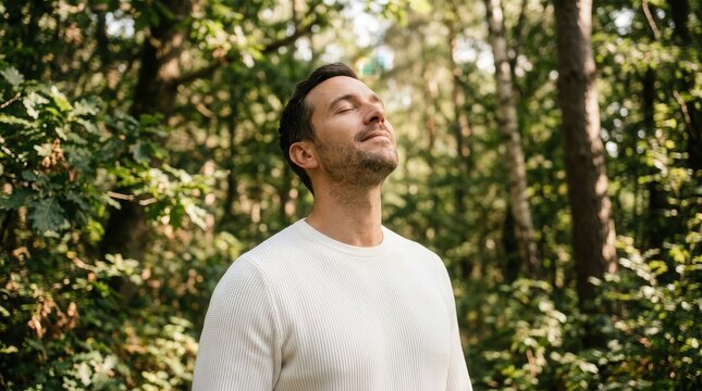 Relaxed adult man breathing fresh air in a lush green forest.