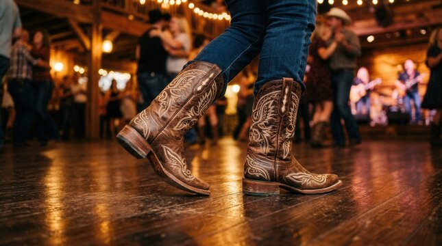 Cowboy boots dancing on a wooden floor at a country western event
