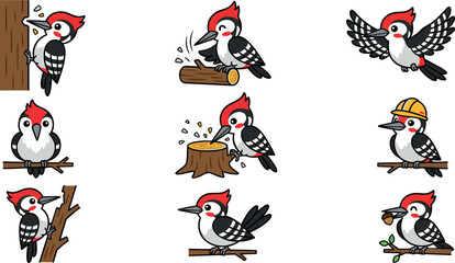 Cute cartoon woodpecker character vector set showing various actions like pecking wood flying wearing safety hat and eating acorn for forest wildlife education design © MstHura