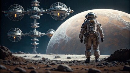 Obraz premium Astronaut exploring alien planet with futuristic space station in background, evoking wonder and curiosity