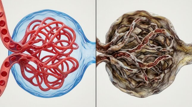 Comparison between healthy glomerular filtration and a damaged glomerulus in chronic kidney failure.
