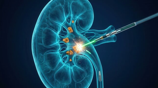 Medical illustration of a kidney with stones being treated by a laser lithotripsy instrument.