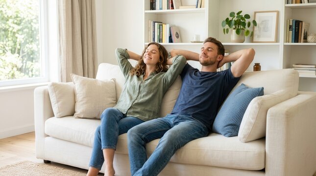 A happy couple relaxing and resting on a white couch at home.