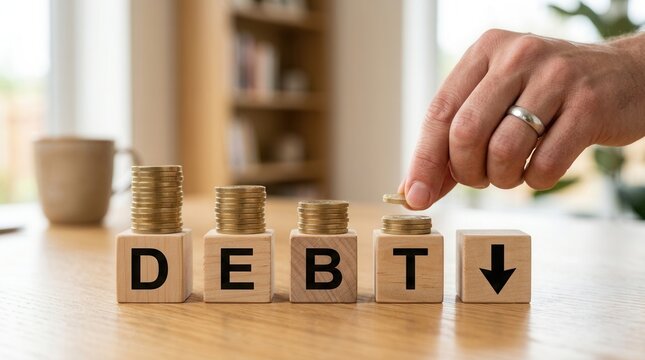 Hand with a ring places a coin on wooden blocks spelling DEBT to symbolize debt reduction.