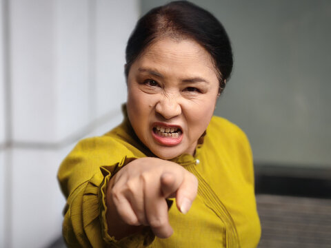 Displeased, unhappy, upset, dissatisfied middle aged asian aunt woman with negative and hostile expression, pointing at you with furious mood