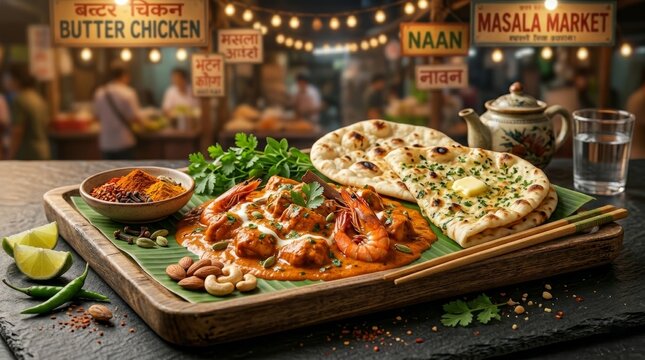  Rich and creamy butter chicken served with naan bread and aromatic spices