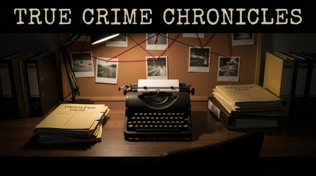 Retro detective workspace with vintage typewriter unsolved case folders and evidence board in dark room