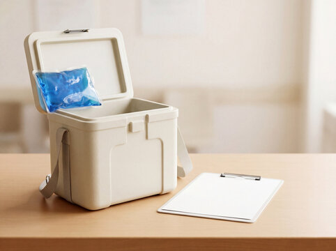 Medical sample transport kit on clean lab bench with copy space at top
