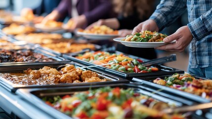 Diverse people selecting food from buffet line at office canteen during lunch break