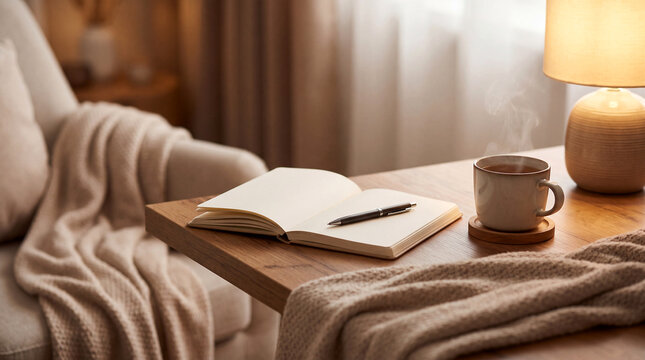 Mental wellness journaling corner for self care routines with copy space on right