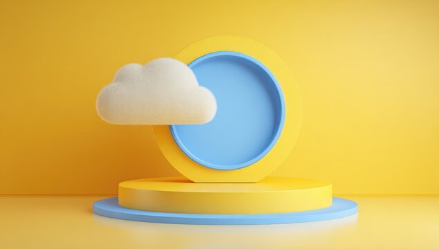 A whimsical, minimalist composition featuring a fluffy cloud juxtaposed against a circular blue backdrop set within a yellow platform, creating a bright aesthetic