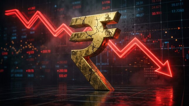 A golden Indian rupee symbol stands before a dramatic red downward trending chart.
