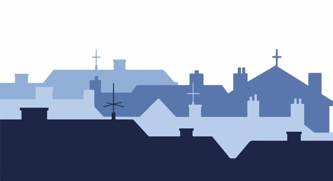 A layered silhouette of rooftops with crosses and antennas against a white sky