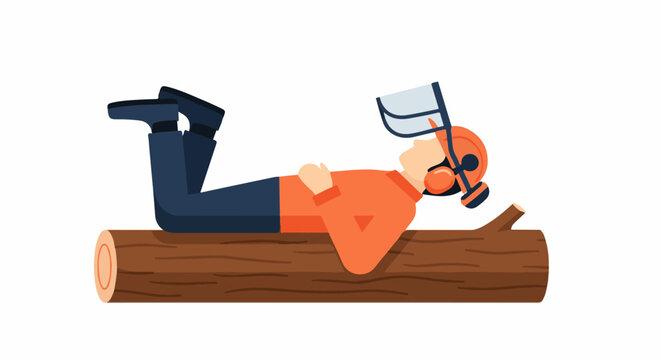 Person in protective gear relaxing on a log, arms crossed