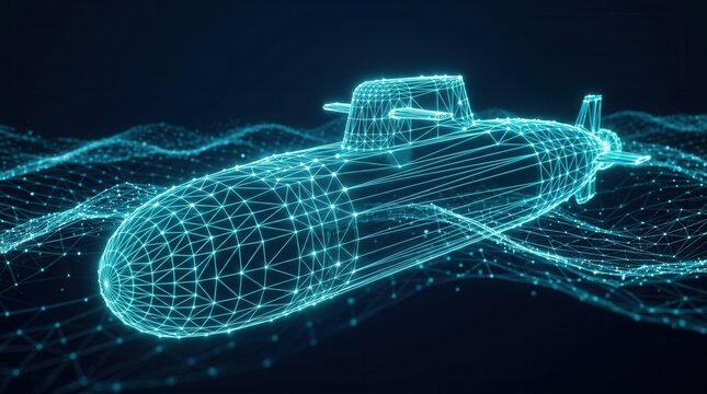 Futuristic 3D wireframe submarine concept representing naval technology and deep sea exploration.