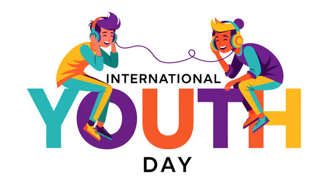 International Youth Day Celebration: Two young individuals wearing headphones share music and joy, celebrating International Youth Day against a vibrant typographic backdrop.