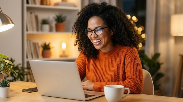 Cheerful woman with curly hair and glasses laughing while looking at her laptop.