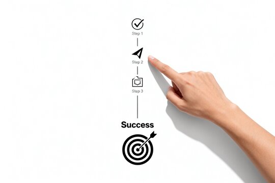 Hand pointing at success steps flowchart