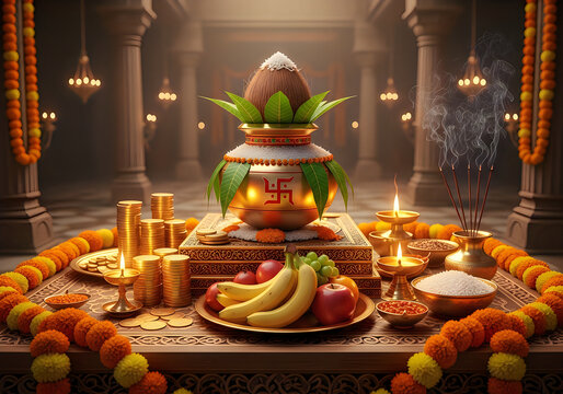 Traditional kalash pot with coconut and mango leaves for hindu festival prayer ritual on a decorated table