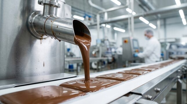 Liquid chocolate pouring onto a conveyor belt in a food production facility.