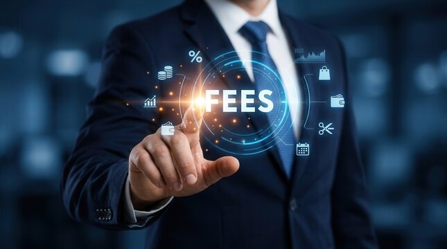 Businessman finger touching digital interface displaying fees and financial icons.