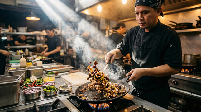 Professional Filipino chef preparing sizzling pork dish in a busy restaurant kitchen, showcasing culinary expertise, local cuisine, and food service industry.