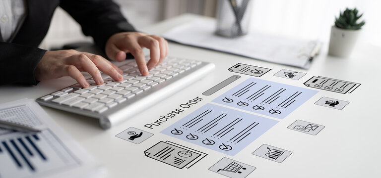 Business Professional Interacting with Purchase Order Document on Modern Keyboard and Office Desk with Minimalistic Decor and Soft Natural Light. Bitwise.