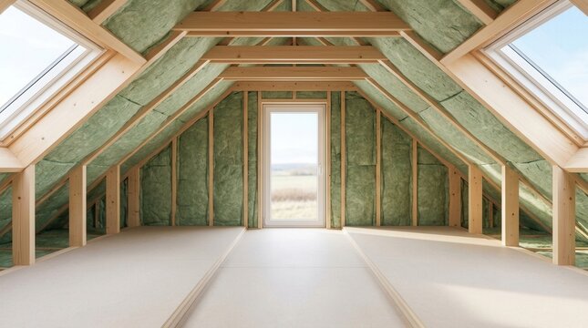 Empty attic space showing wooden rafters and green insulation.