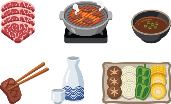 Japanese yakiniku barbecue food set flat vector illustration