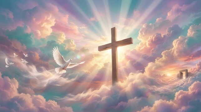 Jesus Christ cross with a white dove flying in the sunset sky for Easter celebration.