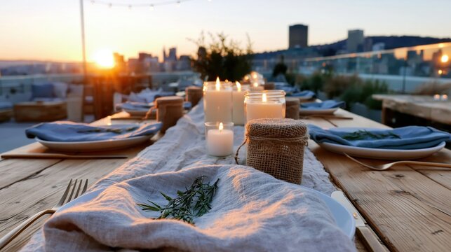 A stunning outdoor dining setup at sunset, featuring well-arranged table settings and soft candlelight, creating an inviting atmosphere for a memorable evening meal.