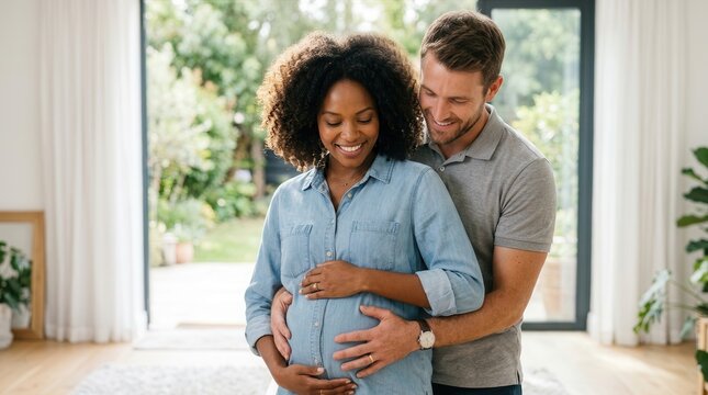 A happy black pregnant woman and her husband looking at her belly together.