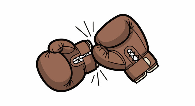 Two brown boxing gloves collide on a white background, with impact lines