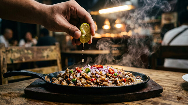 Close-up of sizzling Filipino sisig garnished with onions, chili peppers, and calamansi, highlighting authentic street food and local flavors.