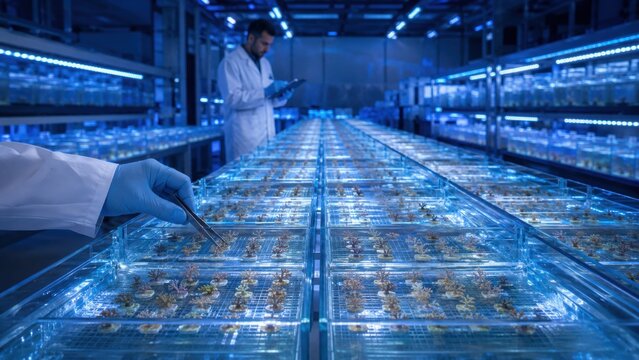 Scientist conducts research in laboratory with multiple glass tanks and aquatic specimens under blue lighting