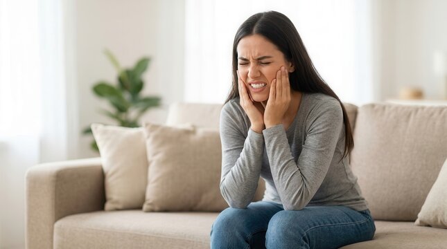 A woman suffering from TMJ syndrome and jaw pain while alone at home.