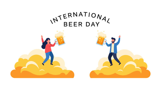 International Beer Day Celebration: Two smiling people are holding up huge mugs of beer and smiling, celebrating International Beer Day.